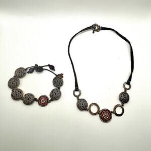Vintage Lucky Brand bronze medallion necklace and bracelet set